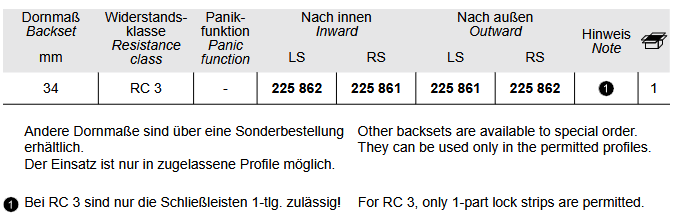 Schuco 241397 / 241398 Mehrfachverriegelung Dornmaß Falle Haken 34/92/10